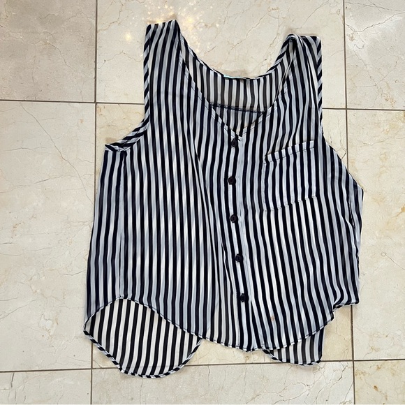 Loila Striped Button Down Sheer Tank Blouse with Open Back Sz Medium - Picture 1 of 5